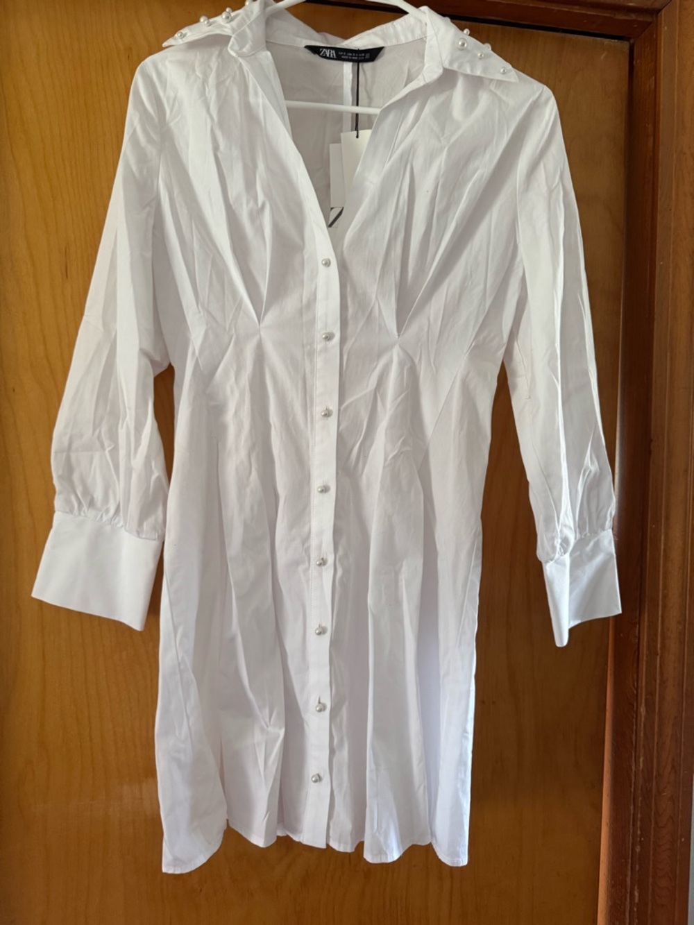Zara White Pearl-Trim Button-Front Shirt Dress
